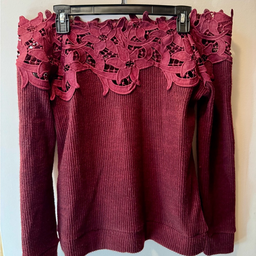 Elegant Burgundy Lace Trim Sweater